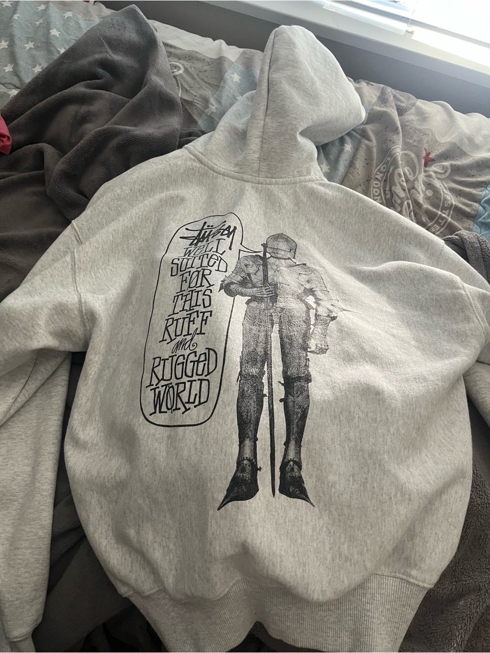 Stussy Gray Crewneck Hoodie with Black Knight Graphic
